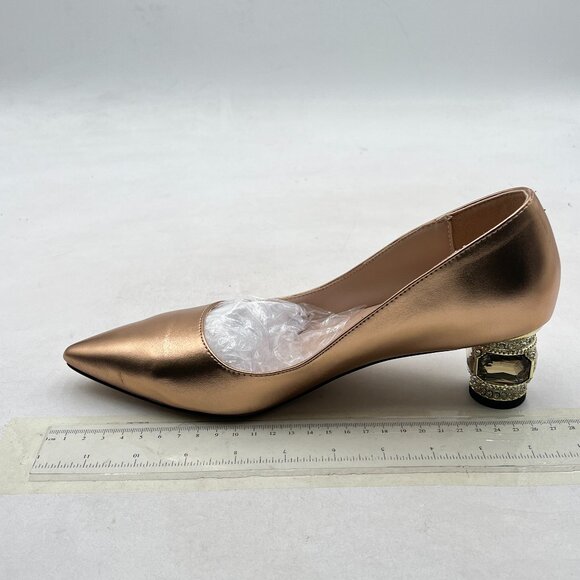 FSJ Gold Bridal Pointed Toe Block Low Heel Crystal Pumps Slip on Wedding Shoes - Picture 2 of 8